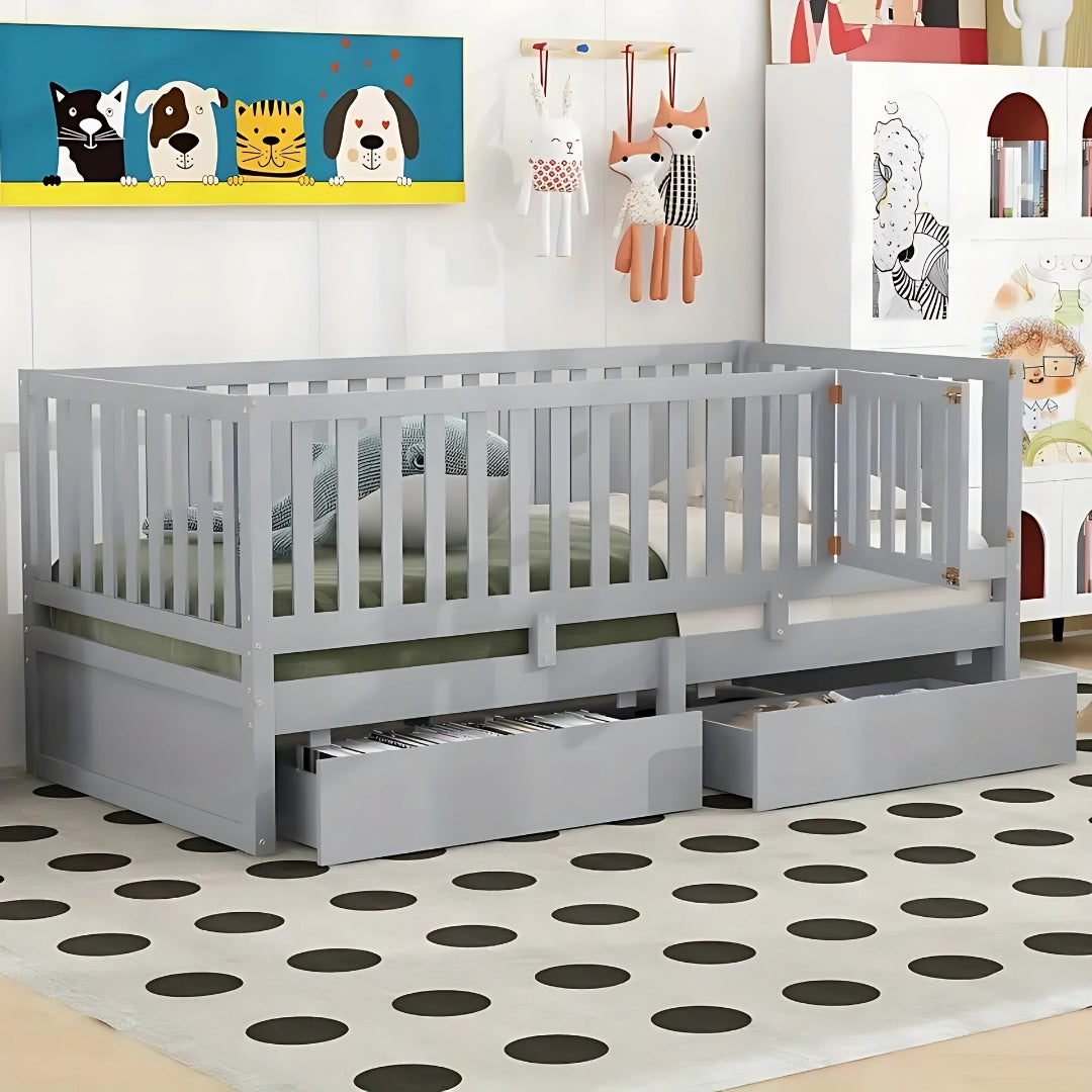 Kids Full Floor Bed with Guardrails and Storage Drawers