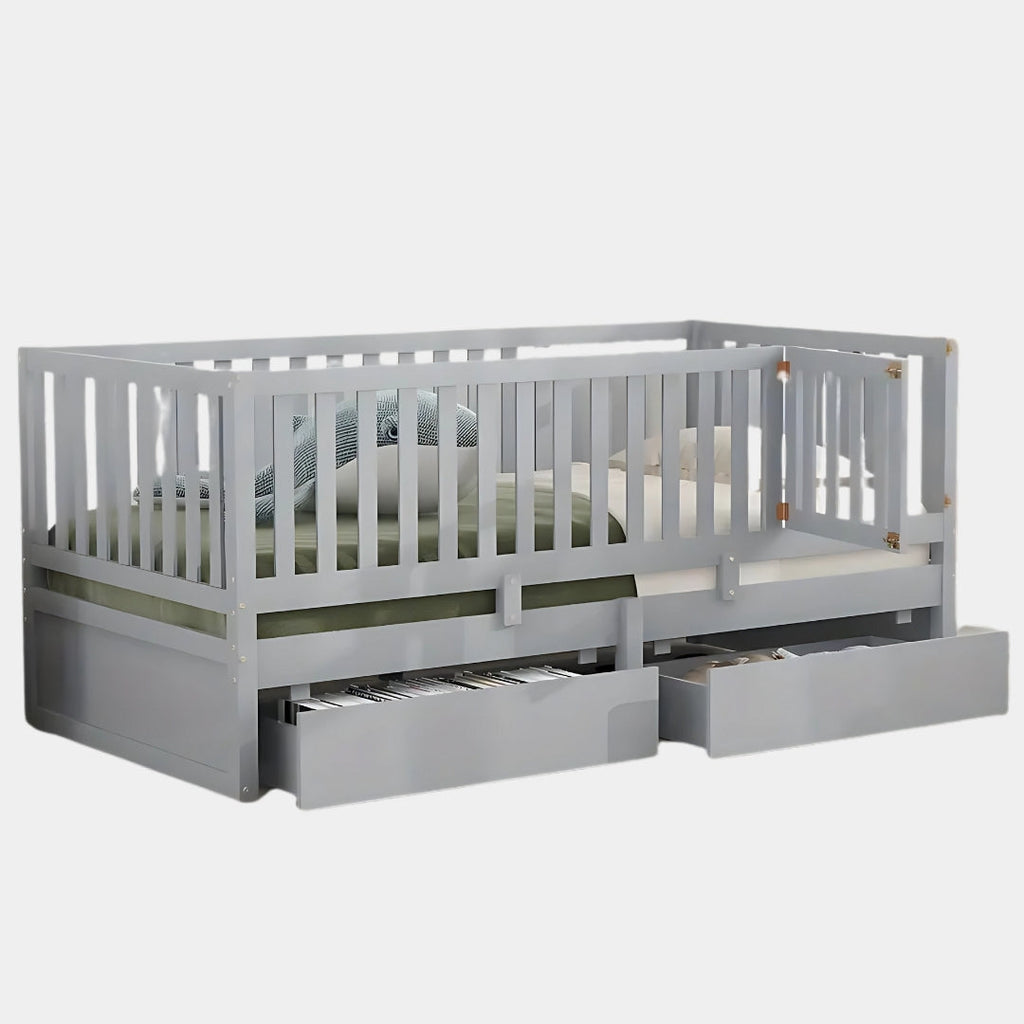 Kids Full Floor Bed with Guardrails and Storage Drawers