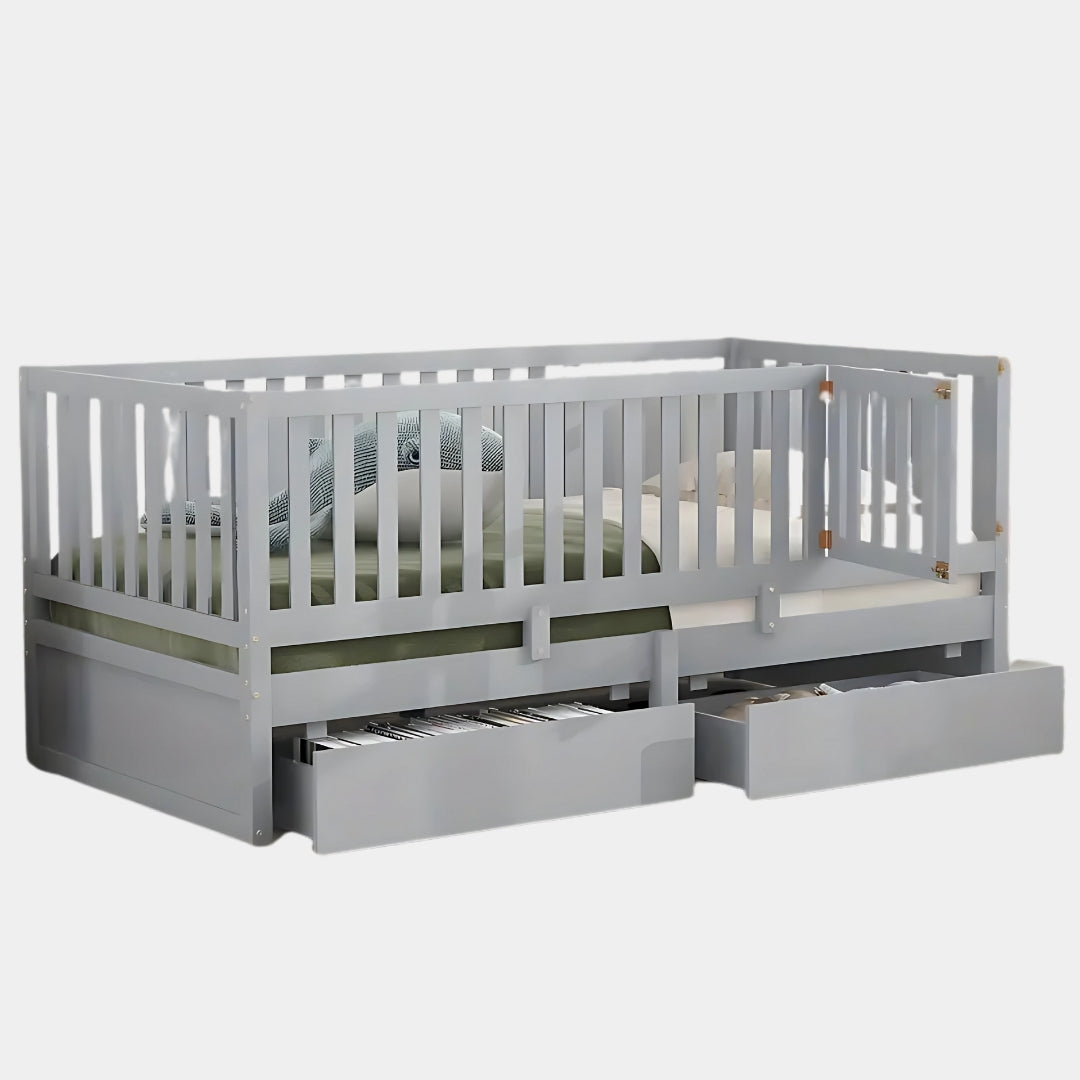 Kids Full Floor Bed with Guardrails and Storage Drawers