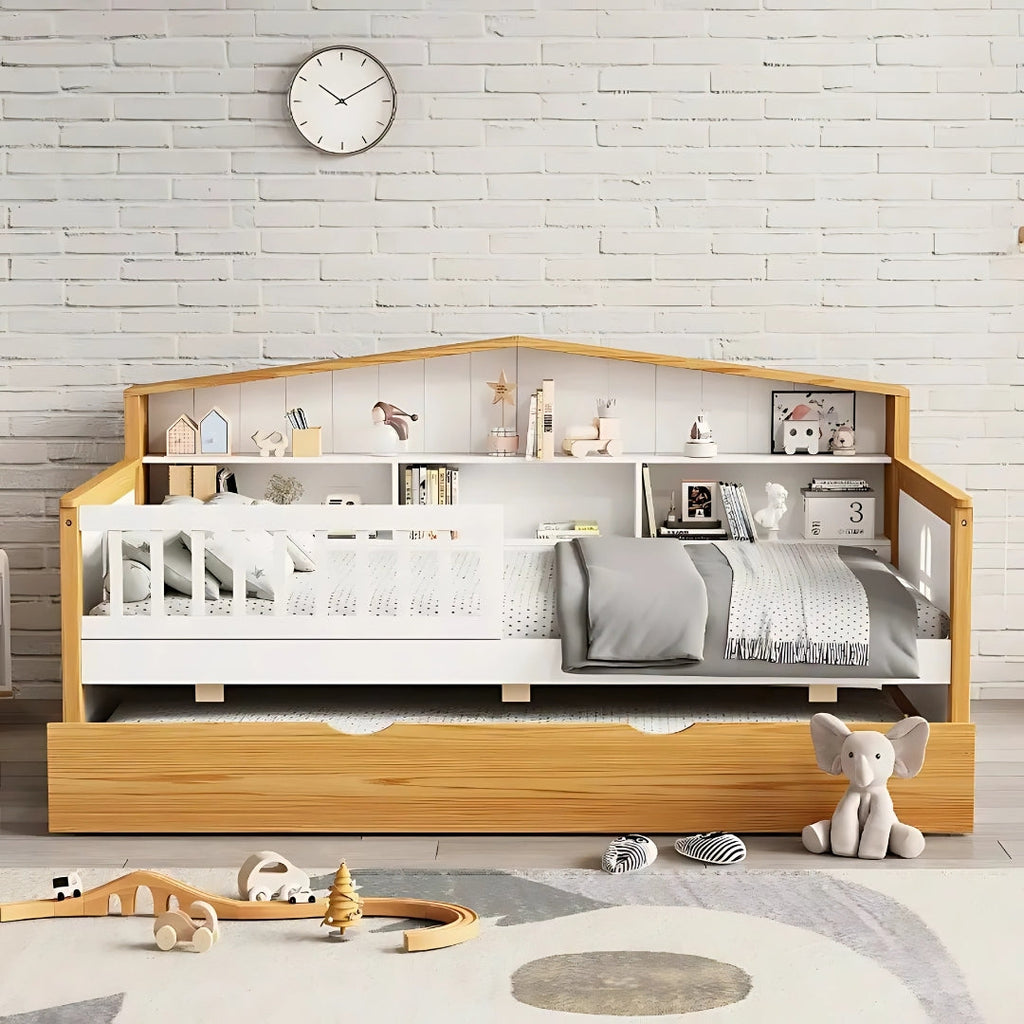 White & Walnut Kids Bed with Trundle and Bookcase