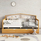 White & Walnut Kids Bed with Trundle and Bookcase