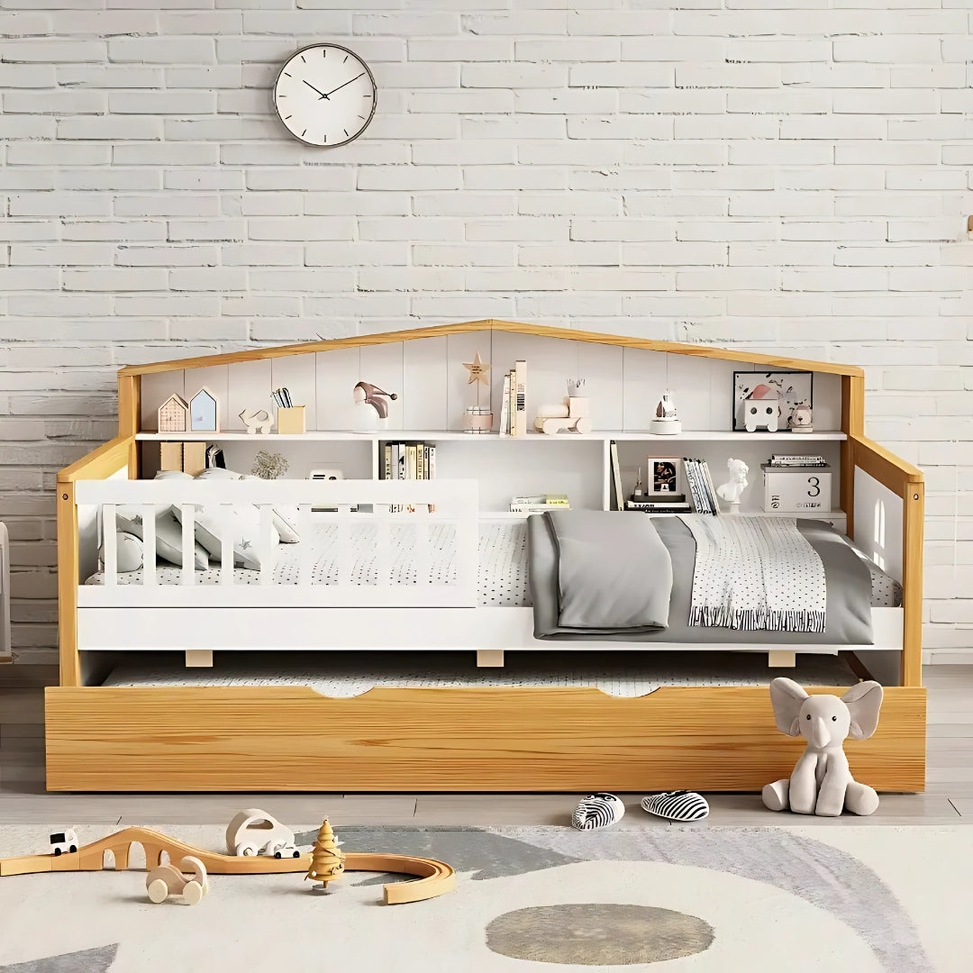 White & Walnut Kids Bed with Trundle and Bookcase