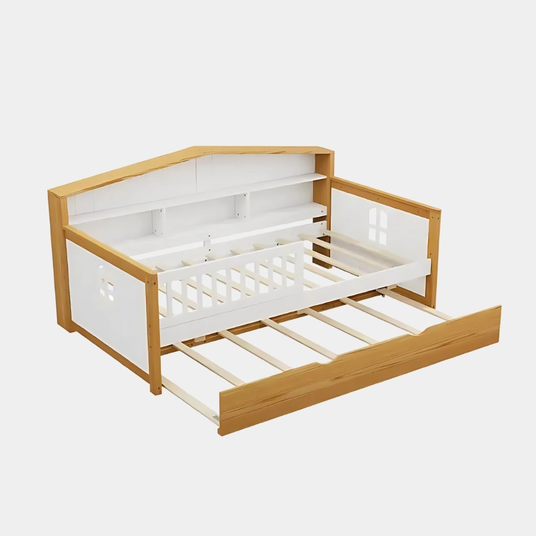 White & Walnut Kids Bed with Trundle and Bookcase