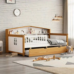 White & Walnut Kids Bed with Trundle and Bookcase
