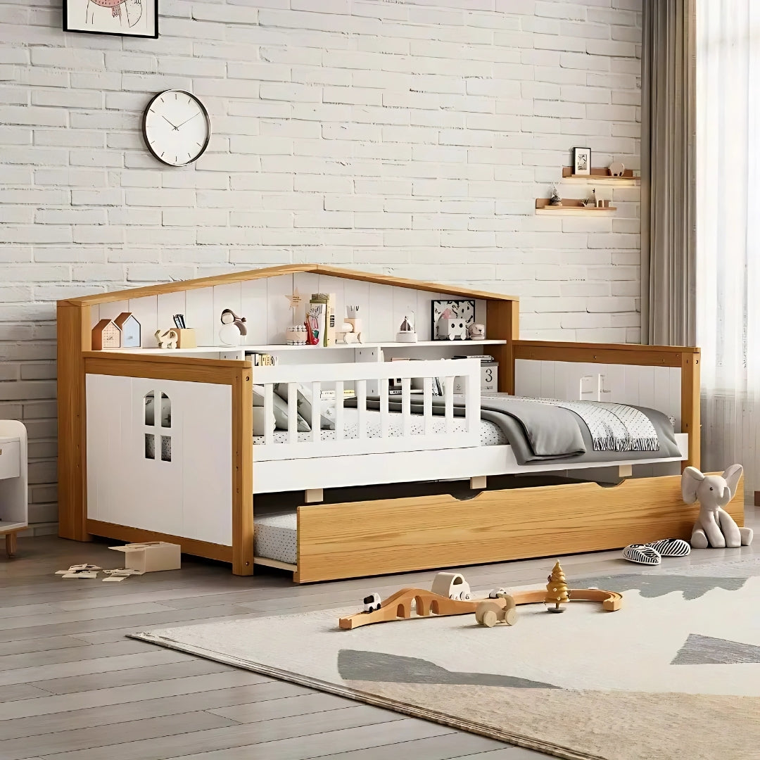 White & Walnut Kids Bed with Trundle and Bookcase