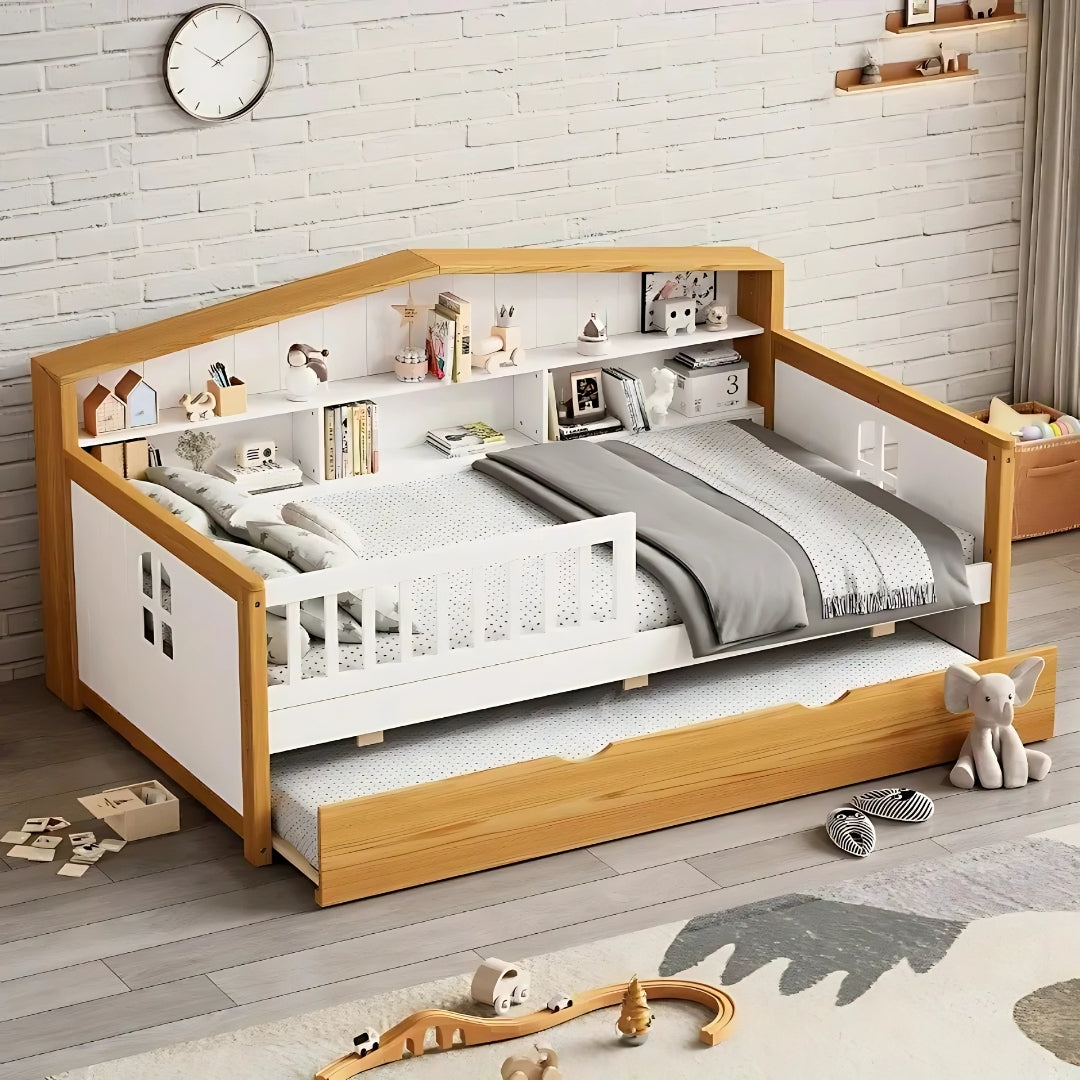White & Walnut Kids Bed with Trundle and Bookcase