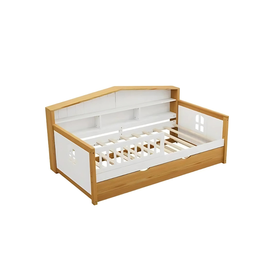 White & Walnut Kids Bed with Trundle and Bookcase