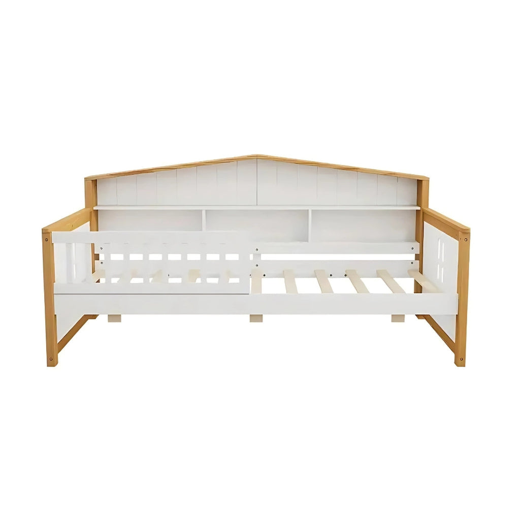 White & Walnut Kids Bed with Trundle and Bookcase