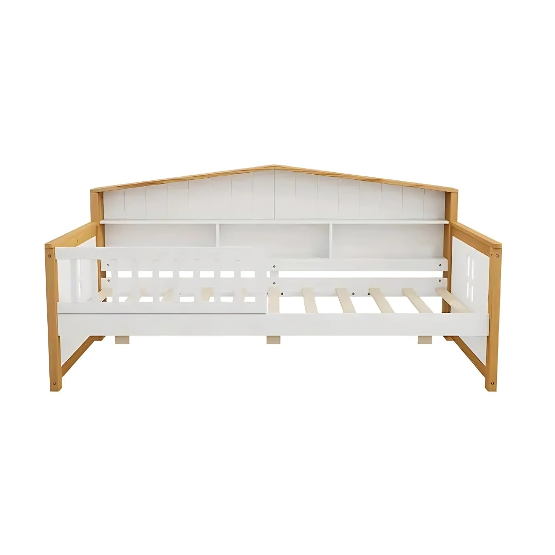 White & Walnut Kids Bed with Trundle and Bookcase