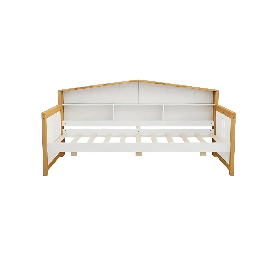 White & Walnut Kids Bed with Trundle and Bookcase
