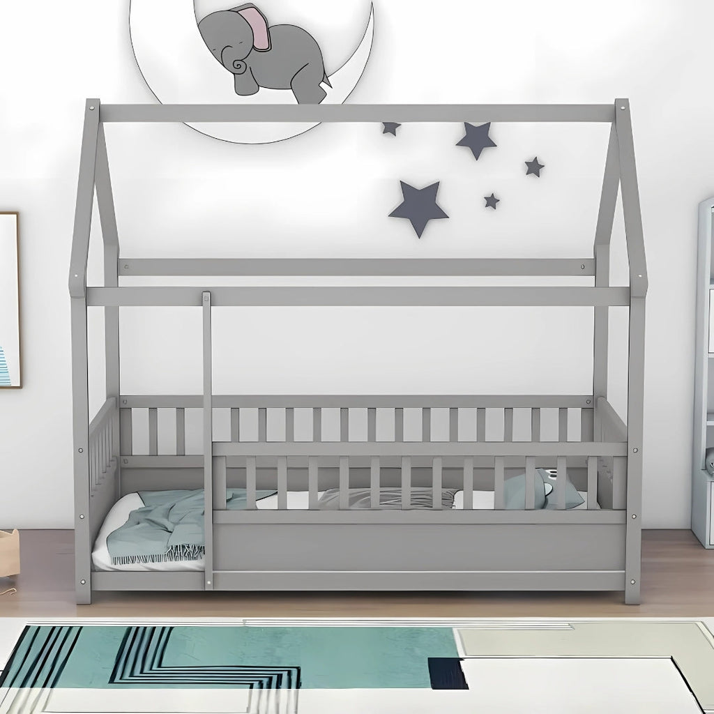 Full Size Kids House Bed with Roof Design