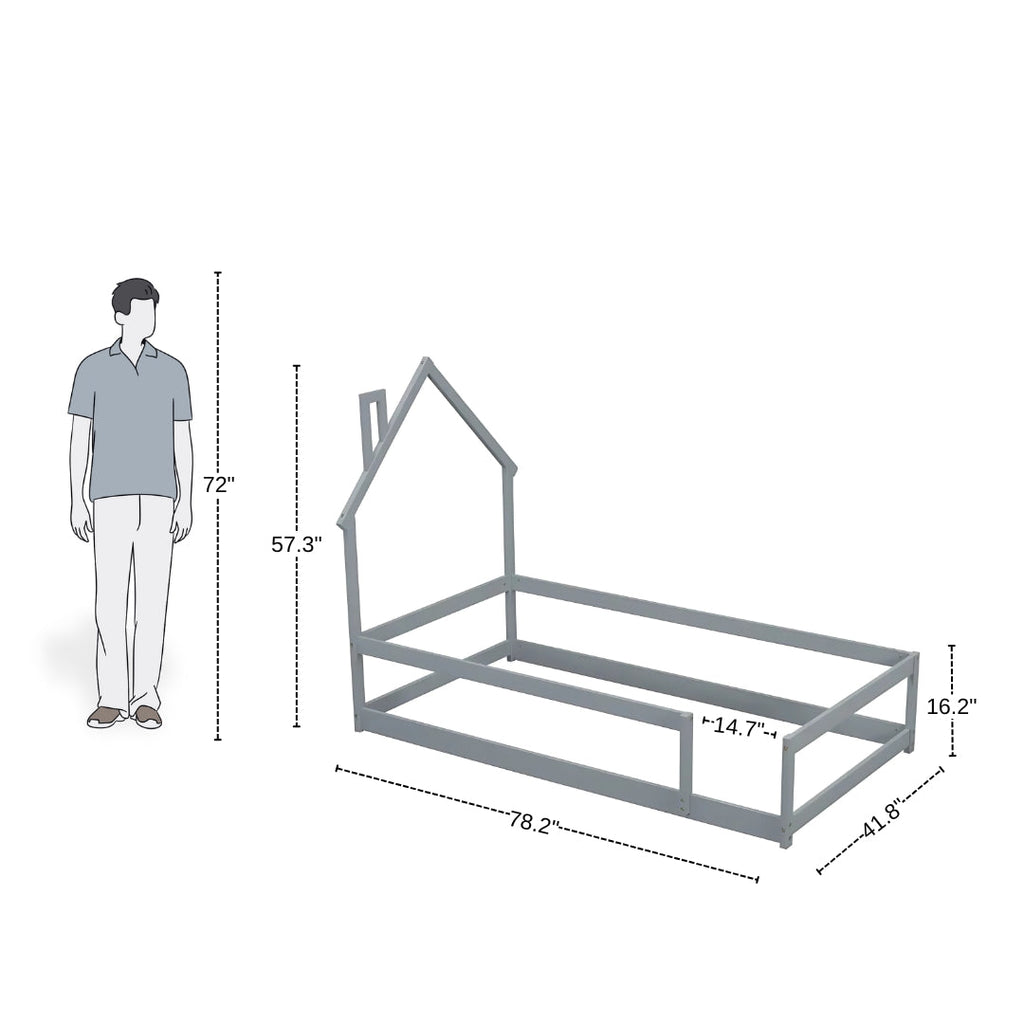 Wooden House Bed for Kids with Protective Rails
