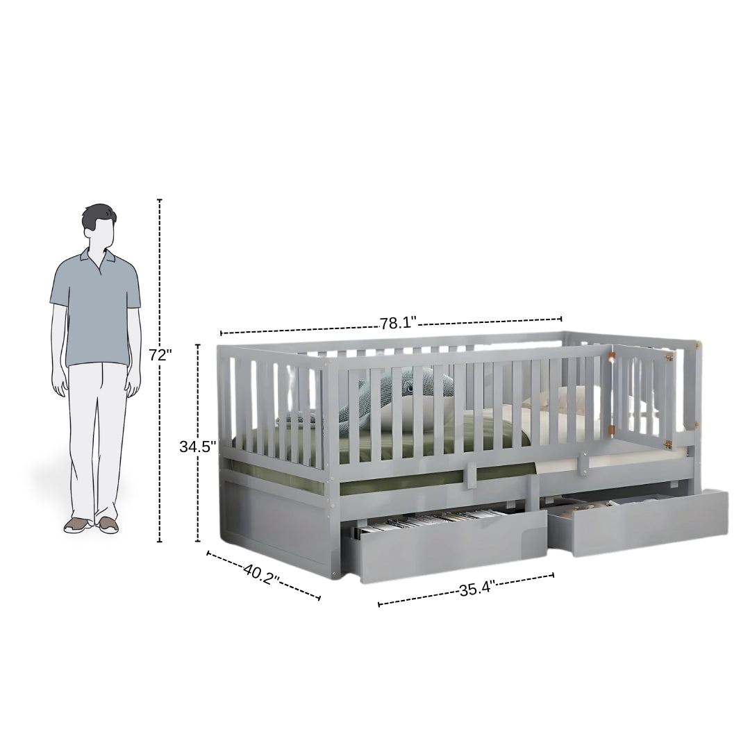 Kids Full Floor Bed with Guardrails and Storage Drawers