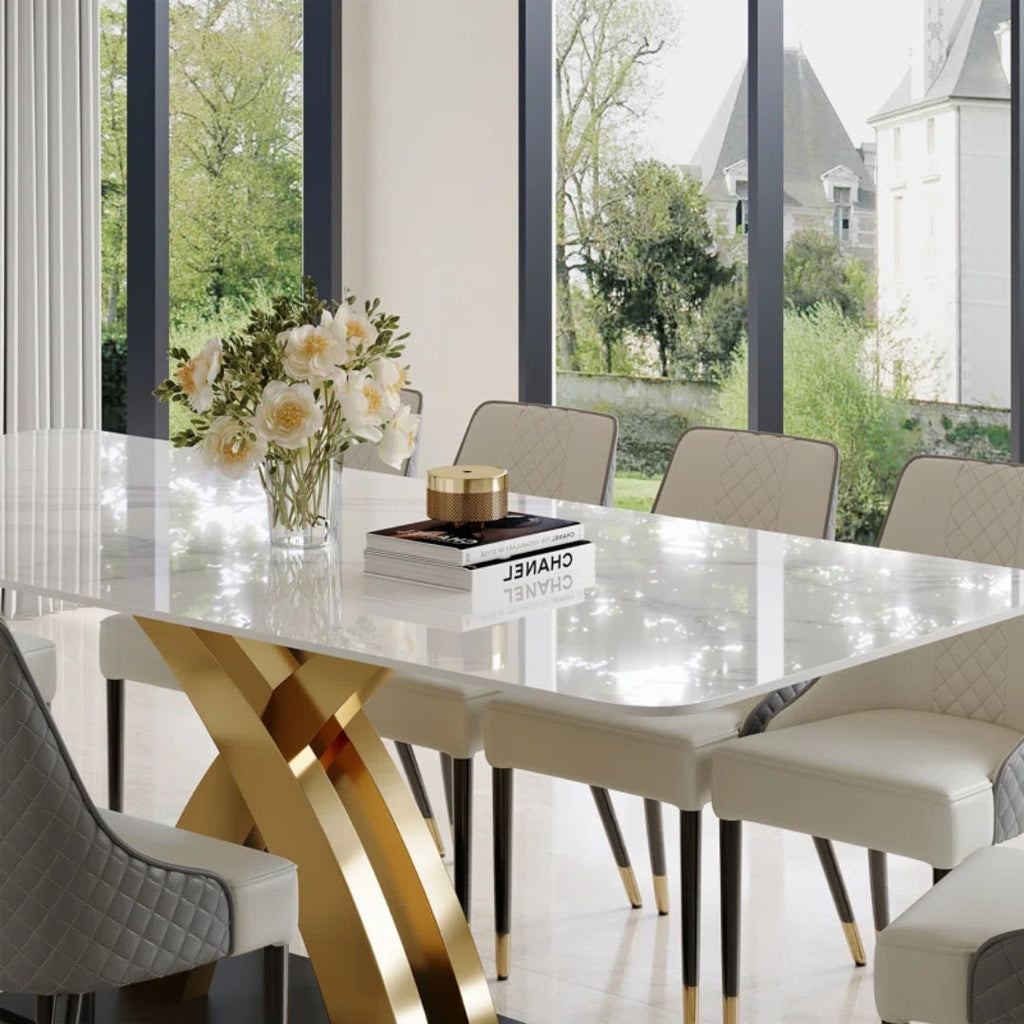 10 Seater White Rectangular Marble Dining Table With X Base