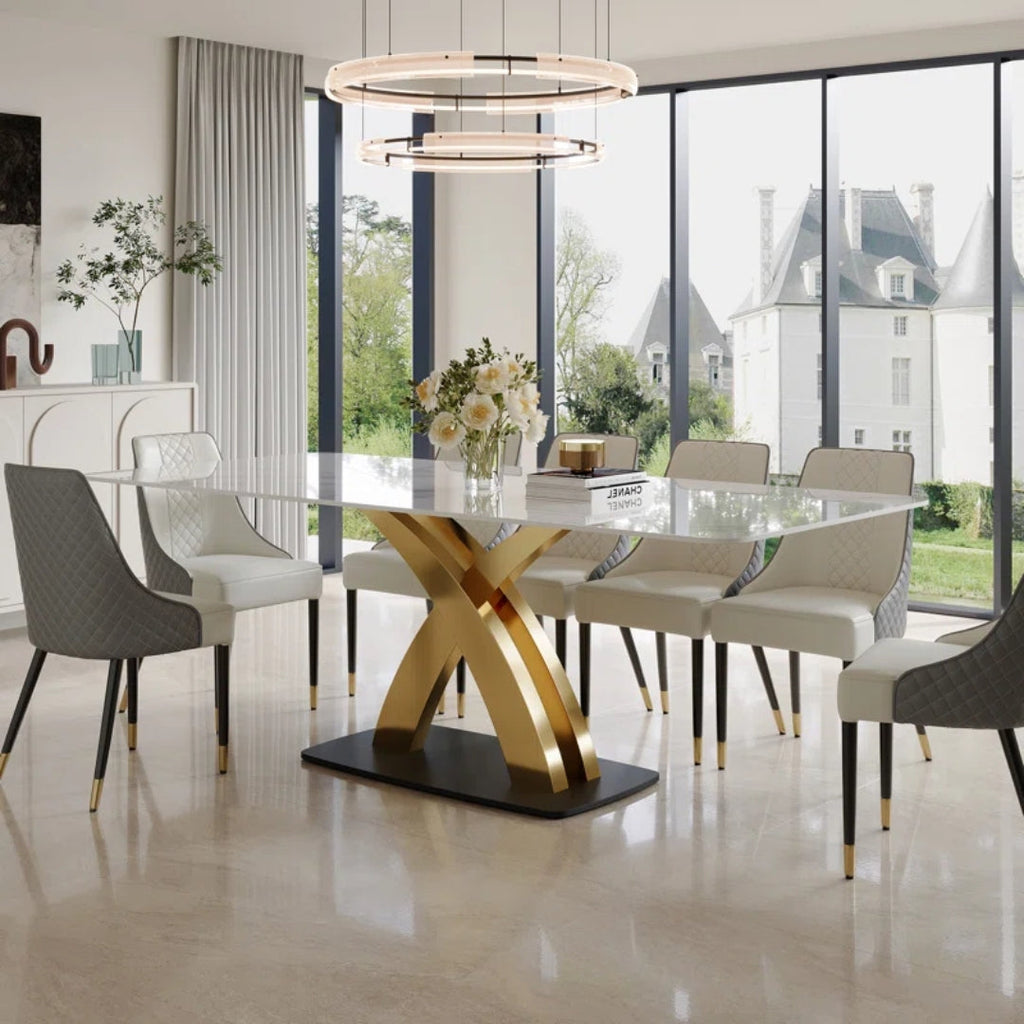 10 Seater White Rectangular Marble Dining Table With X Base
