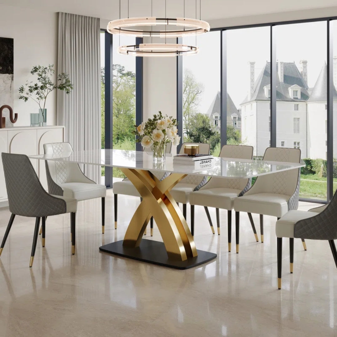 10 Seater White Rectangular Marble Dining Table With X Base