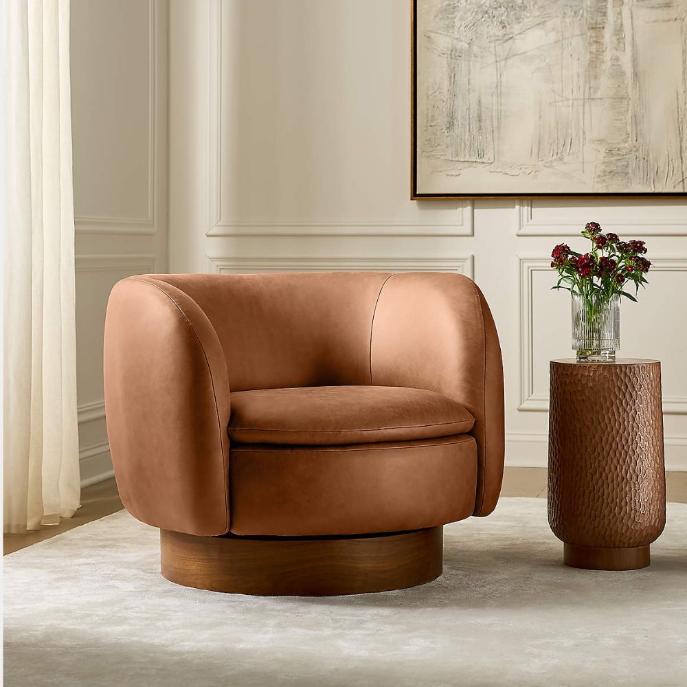 Modern Cognac Swivel Barrel Accent Chair