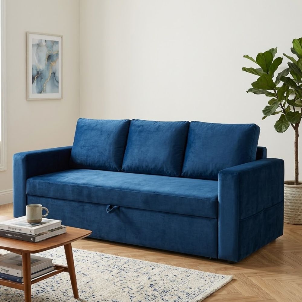 Blue Velvet Convertible Sofa Cum Bed