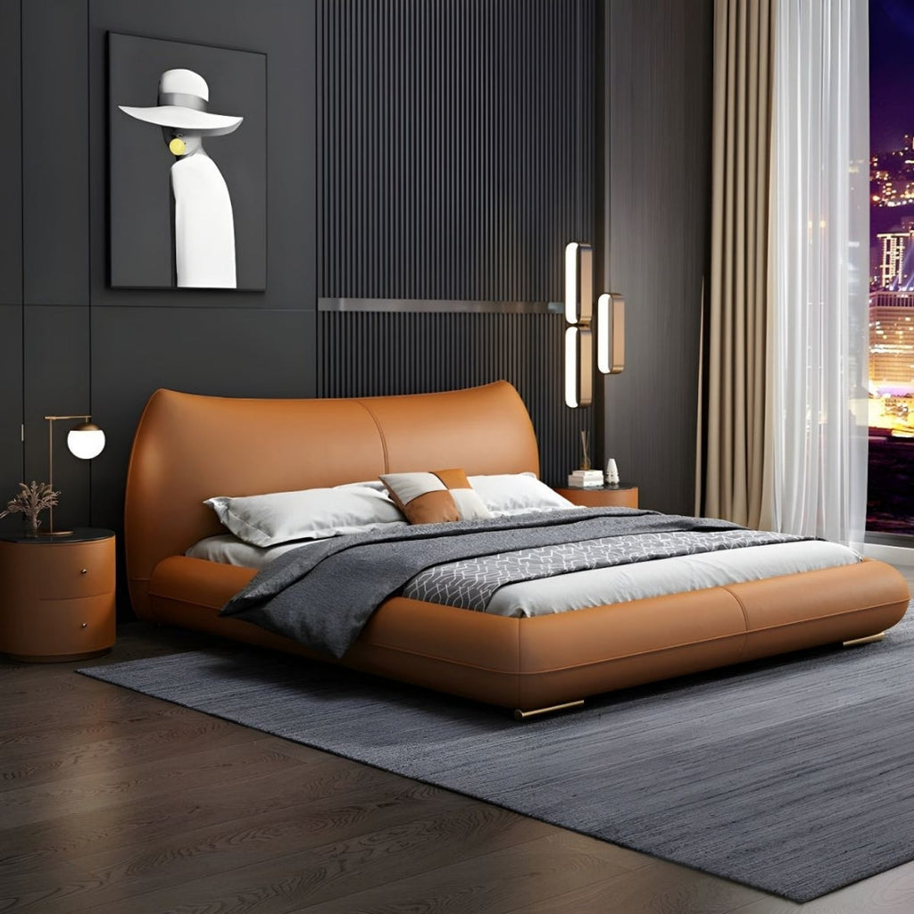 Luxe Tan Modern Leather Bed