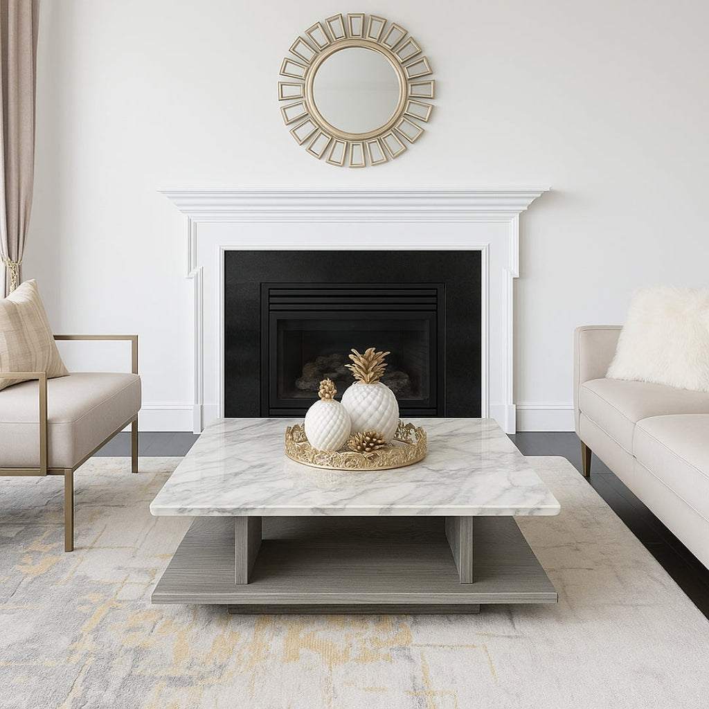Dual-Layer Modern Coffee Table with Marble Finish