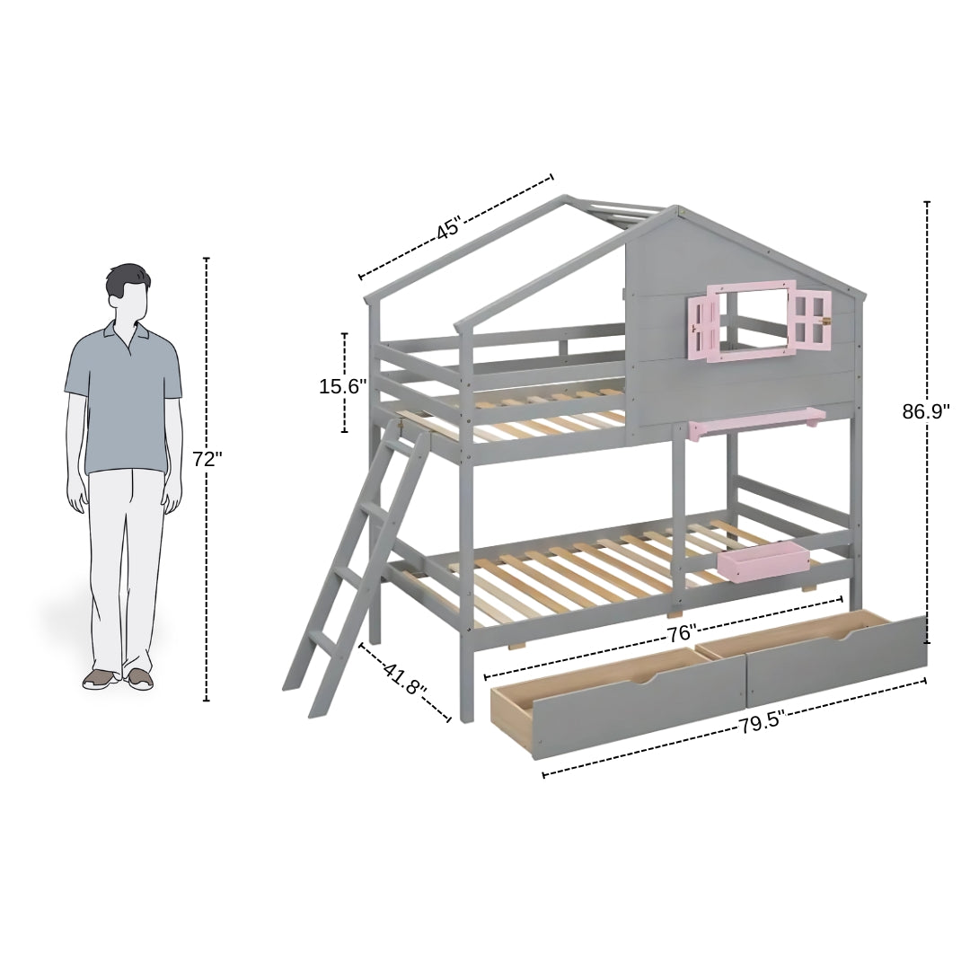 Twin Over Twin Kids Bunk Bed With Drawers