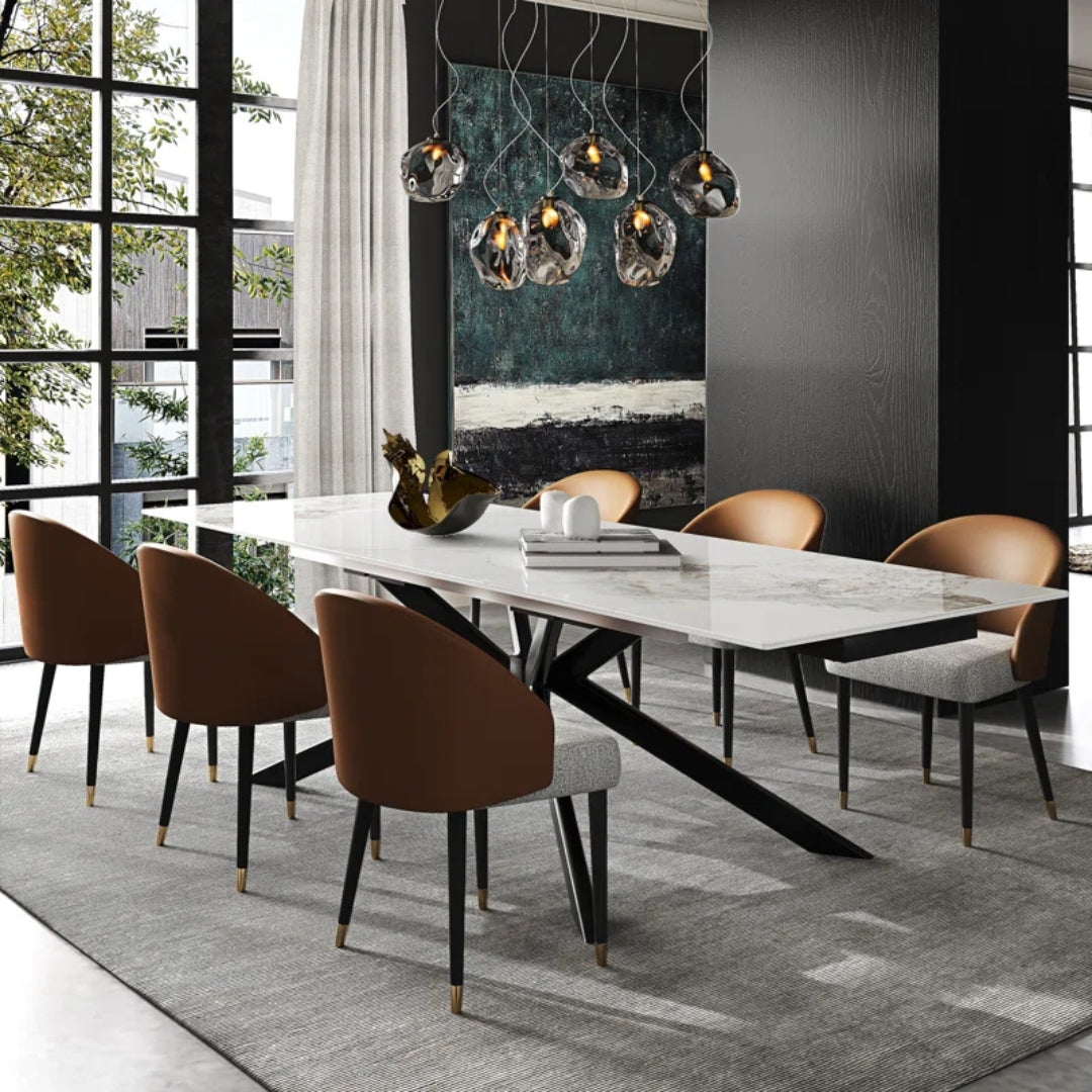 8 Seater White Sintered Stone Rectangular Dining Table With Angular Base 