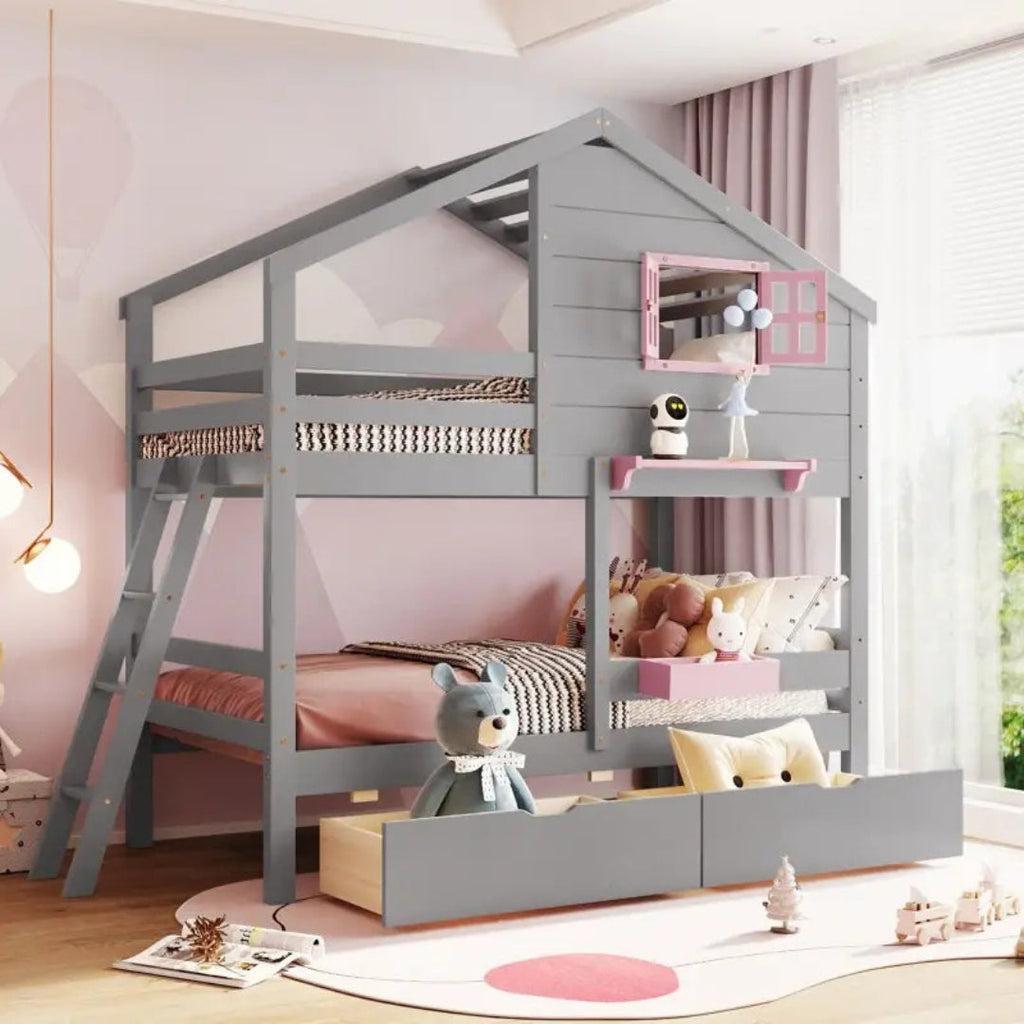 Twin Over Twin Kids Bunk Bed With Drawers