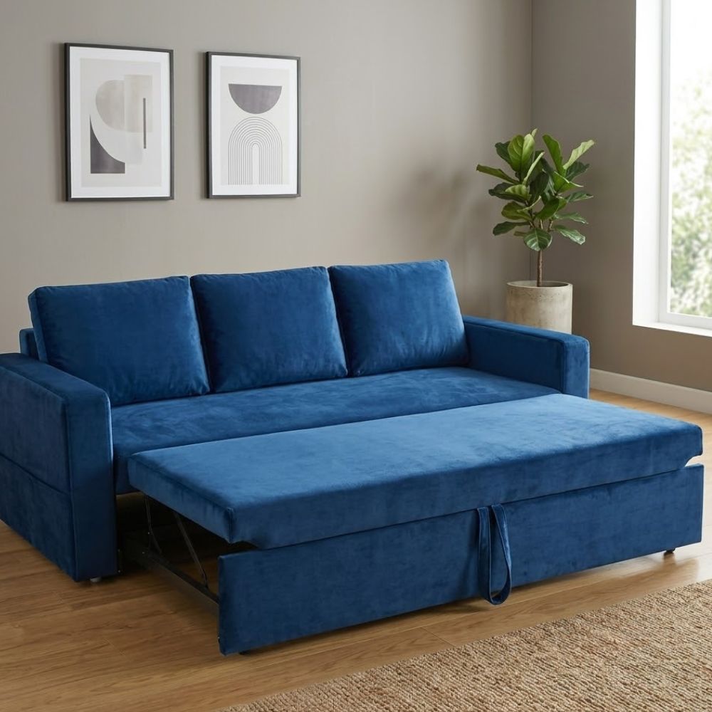 Blue Velvet Convertible Sofa Cum Bed