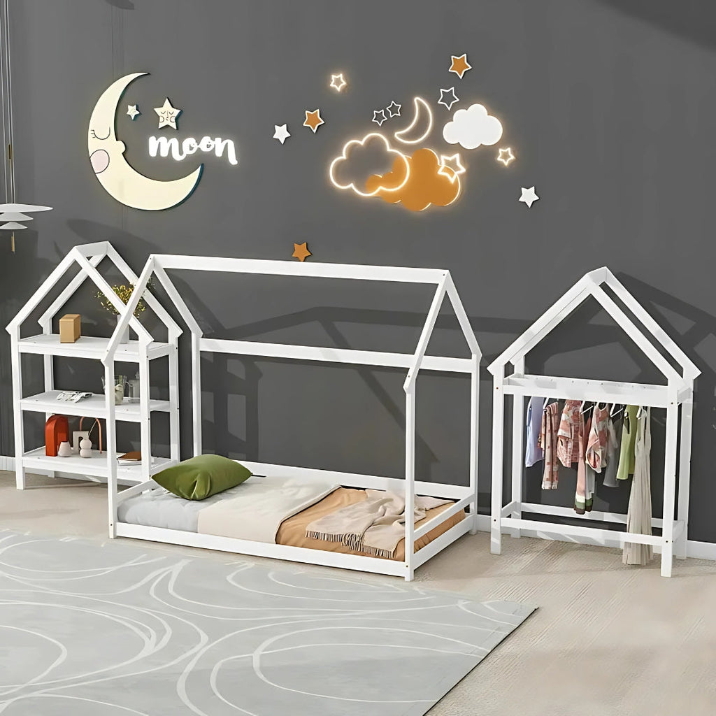 Wood House Frame Bed for Kids with Shelf and Hanger