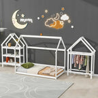 Wood House Frame Bed for Kids with Shelf and Hanger