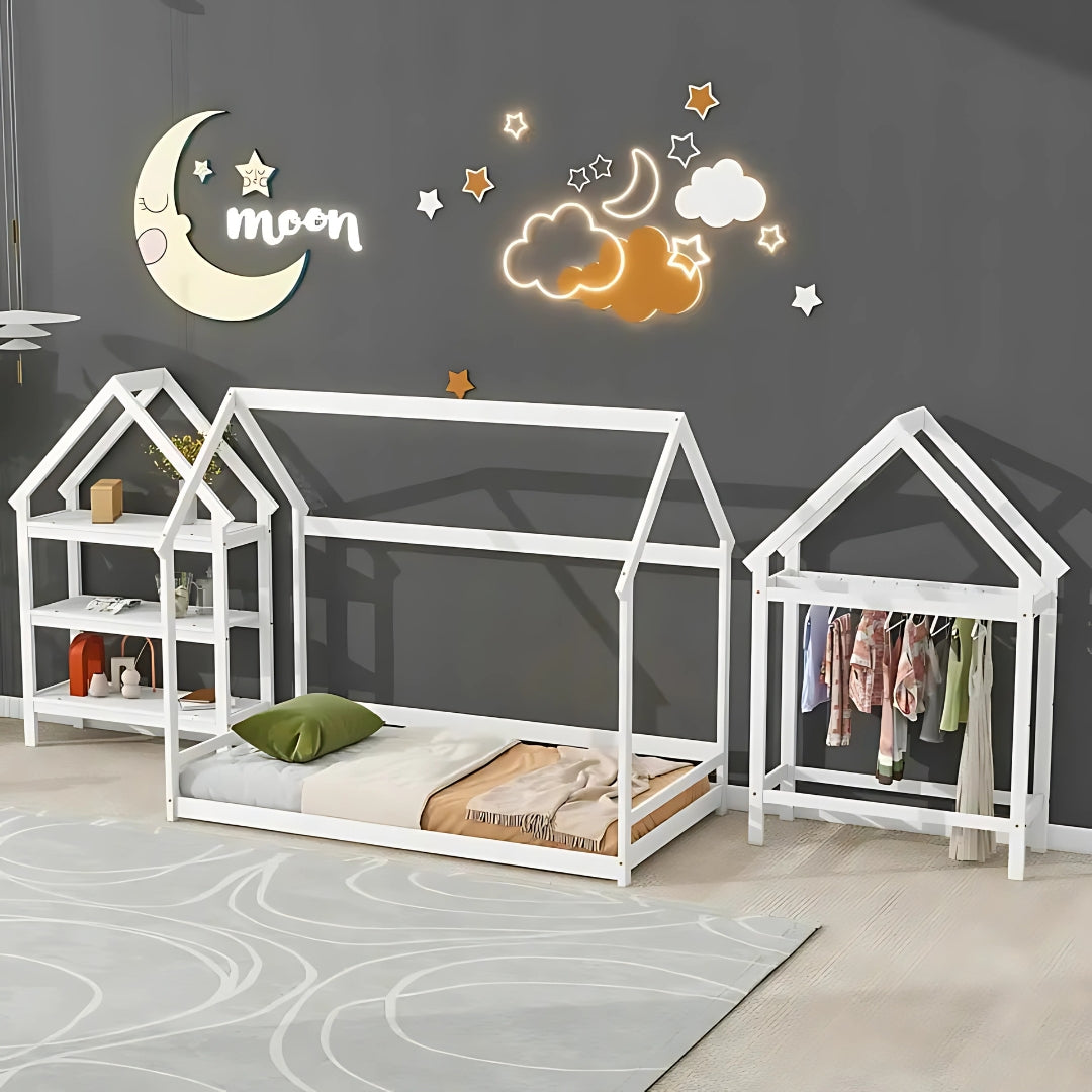 Wood House Frame Bed for Kids with Shelf and Hanger