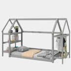 Wood House Frame Bed for Kids with Shelf and Hanger