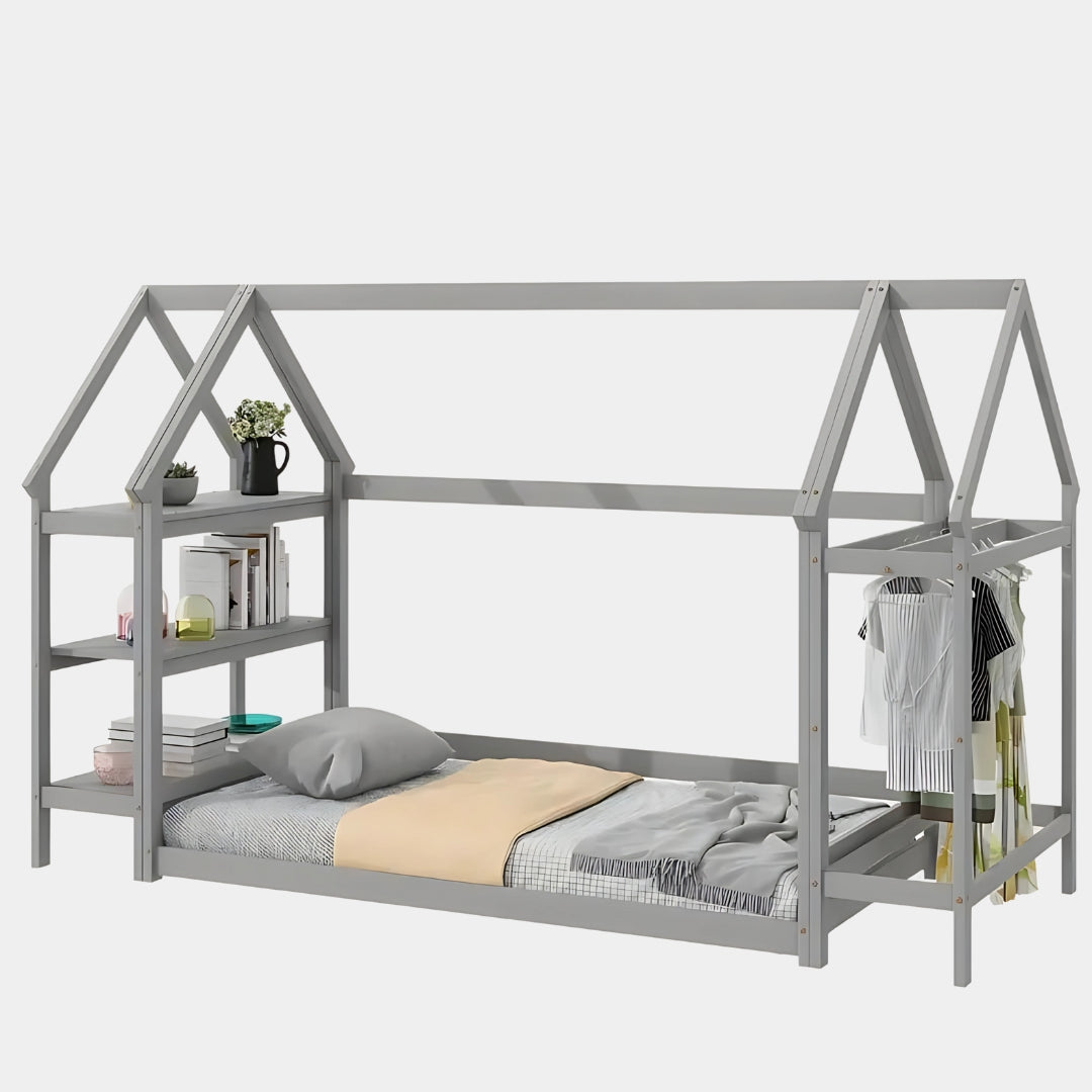 Wood House Frame Bed for Kids with Shelf and Hanger