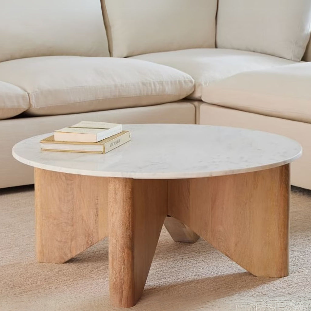White Marble Round Coffee Table with Solid Wood Legs


