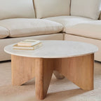 White Marble Round Coffee Table with Solid Wood Legs

