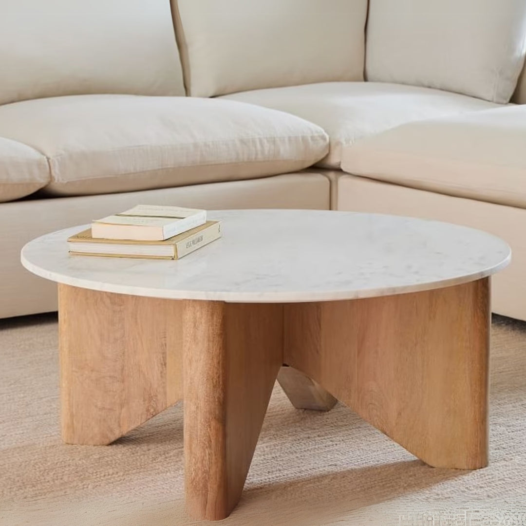 White Marble Round Coffee Table with Solid Wood Legs

