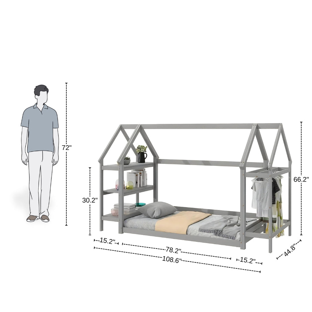 Wood House Frame Bed for Kids with Shelf and Hanger