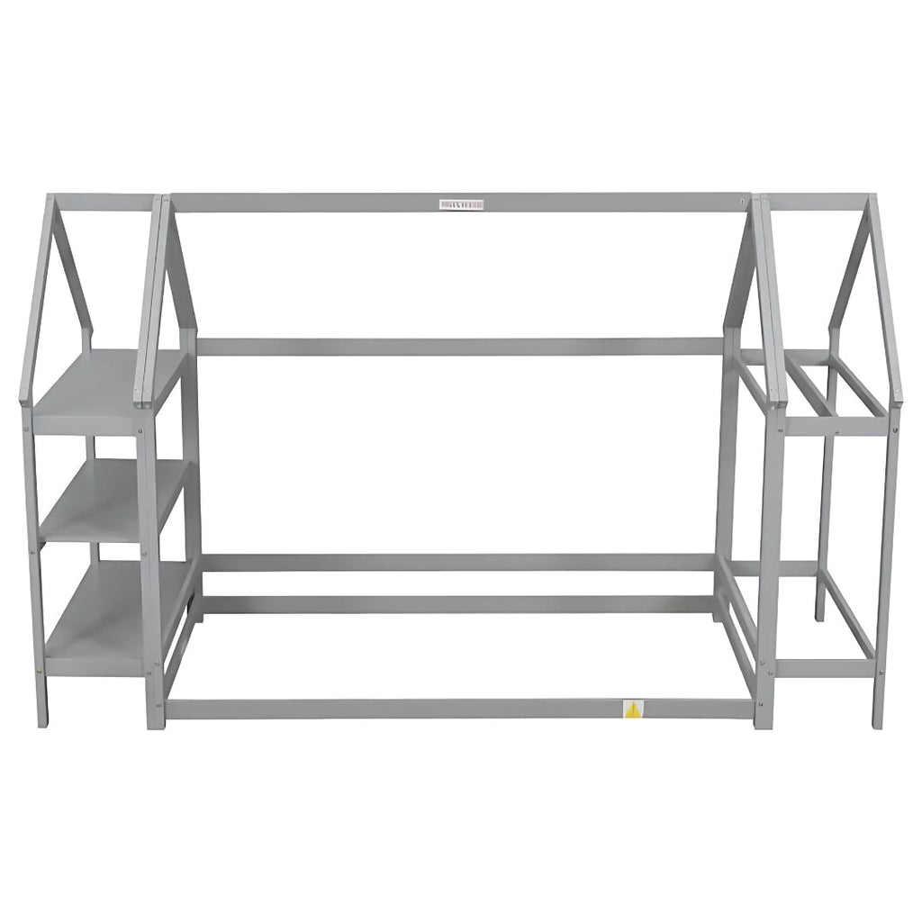 Wood House Frame Bed for Kids with Shelf and Hanger