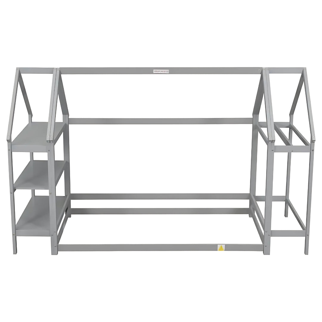 Wood House Frame Bed for Kids with Shelf and Hanger
