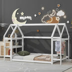 Wood House Frame Bed for Kids with Shelf and Hanger