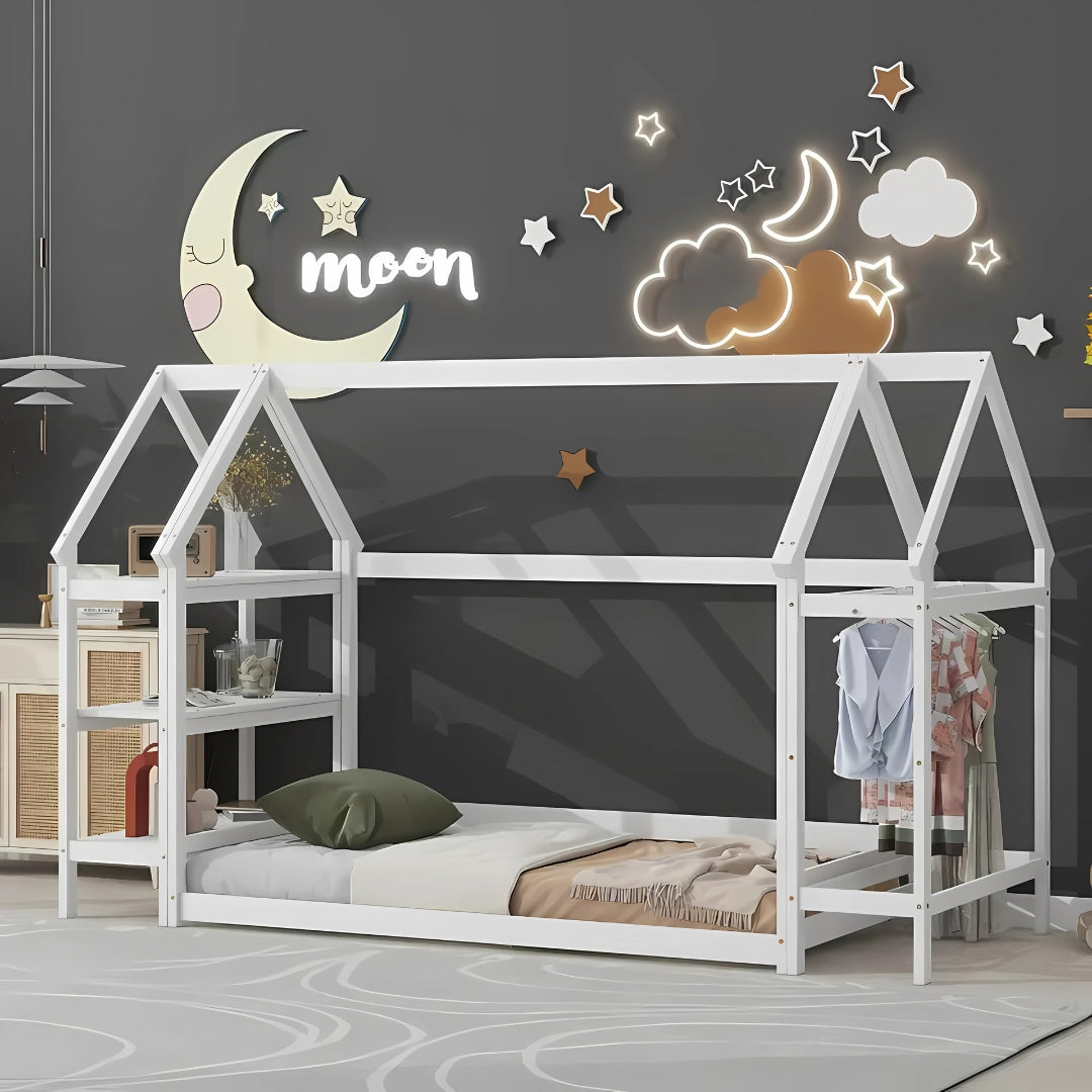 Wood House Frame Bed for Kids with Shelf and Hanger