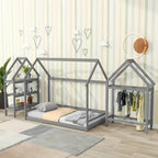 Wood House Frame Bed for Kids with Shelf and Hanger