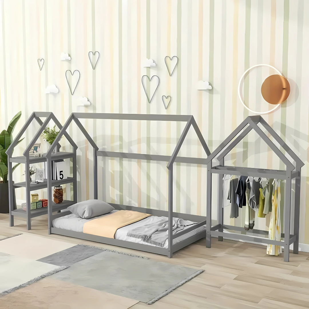 Wood House Frame Bed for Kids with Shelf and Hanger