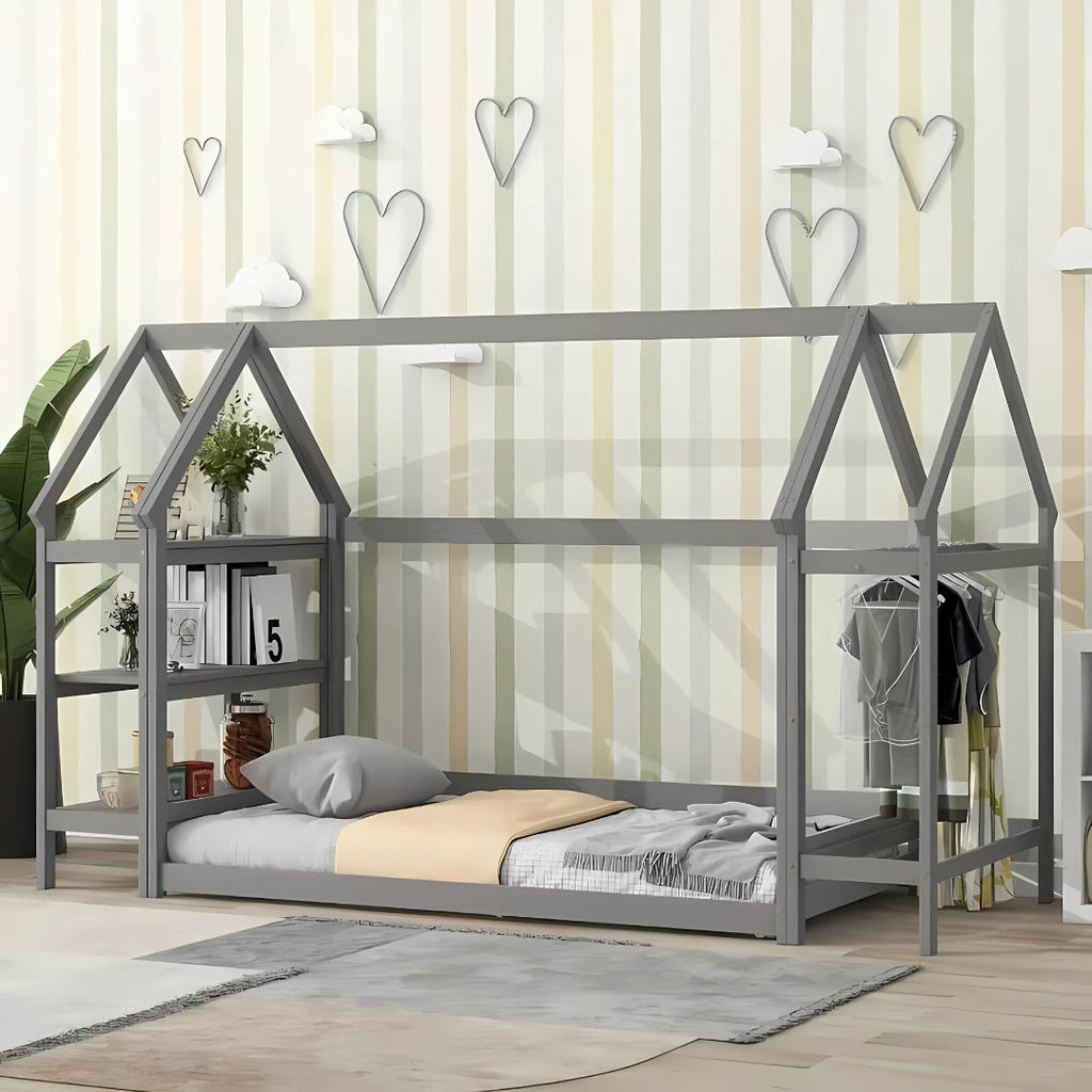 Wood House Frame Bed for Kids with Shelf and Hanger