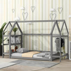 Wood House Frame Bed for Kids with Shelf and Hanger