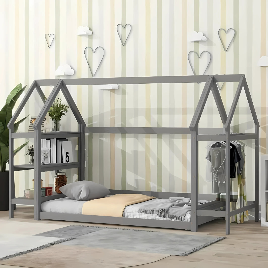 Wood House Frame Bed for Kids with Shelf and Hanger