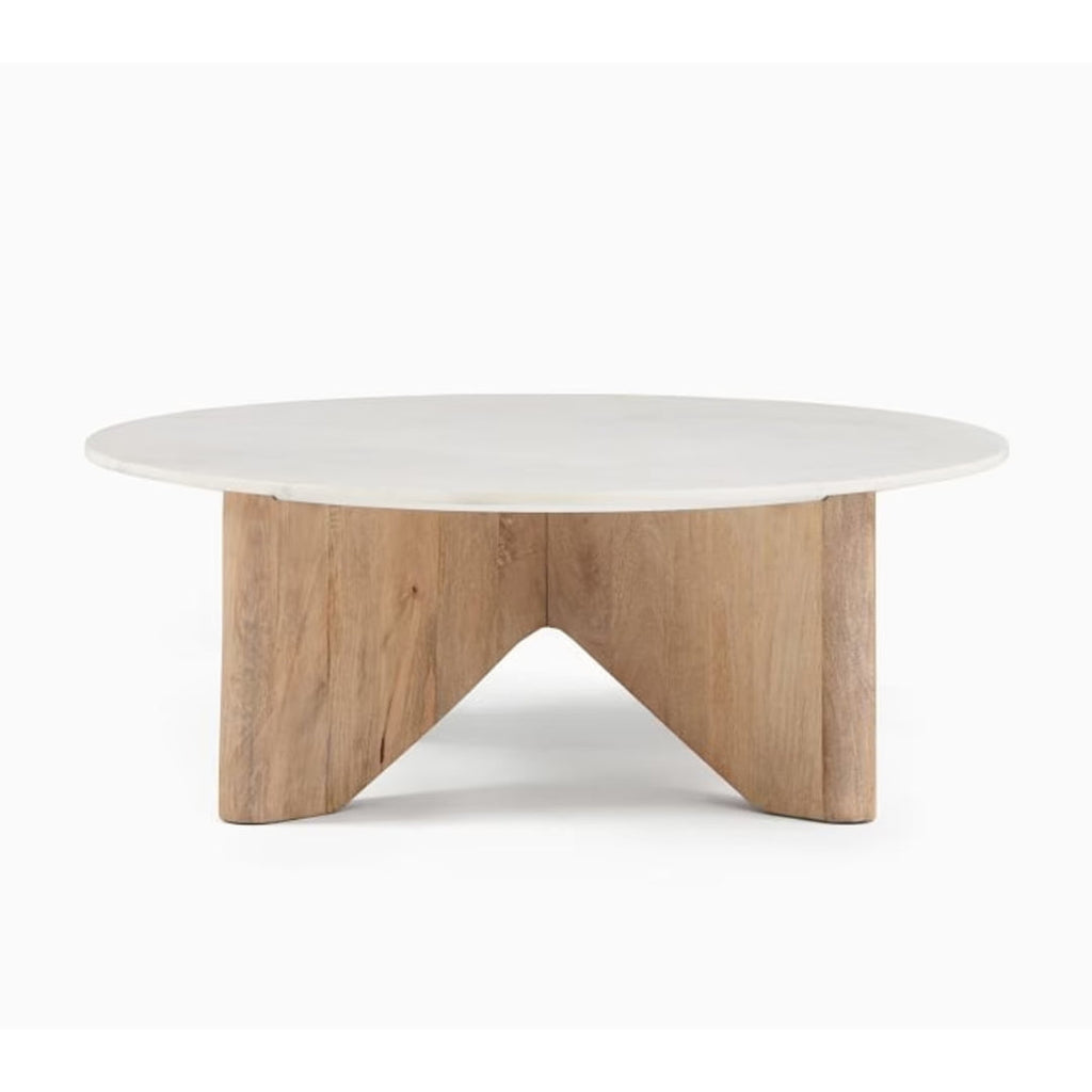 White Marble Round Coffee Table with Solid Wood Legs

