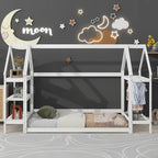 Wood House Frame Bed for Kids with Shelf and Hanger