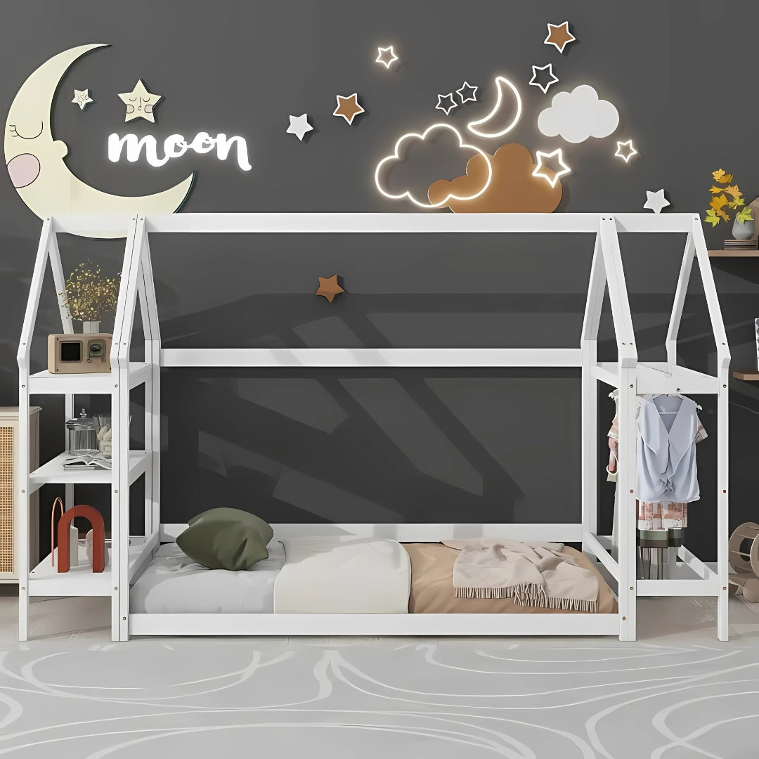 Wood House Frame Bed for Kids with Shelf and Hanger
