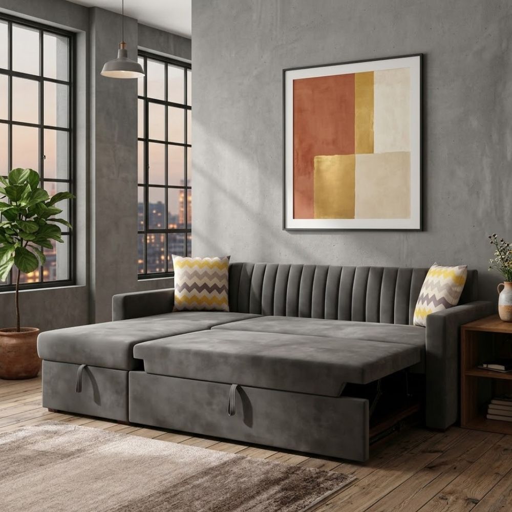 3 Seater L-Shape Tufted Sofa Cum Bed